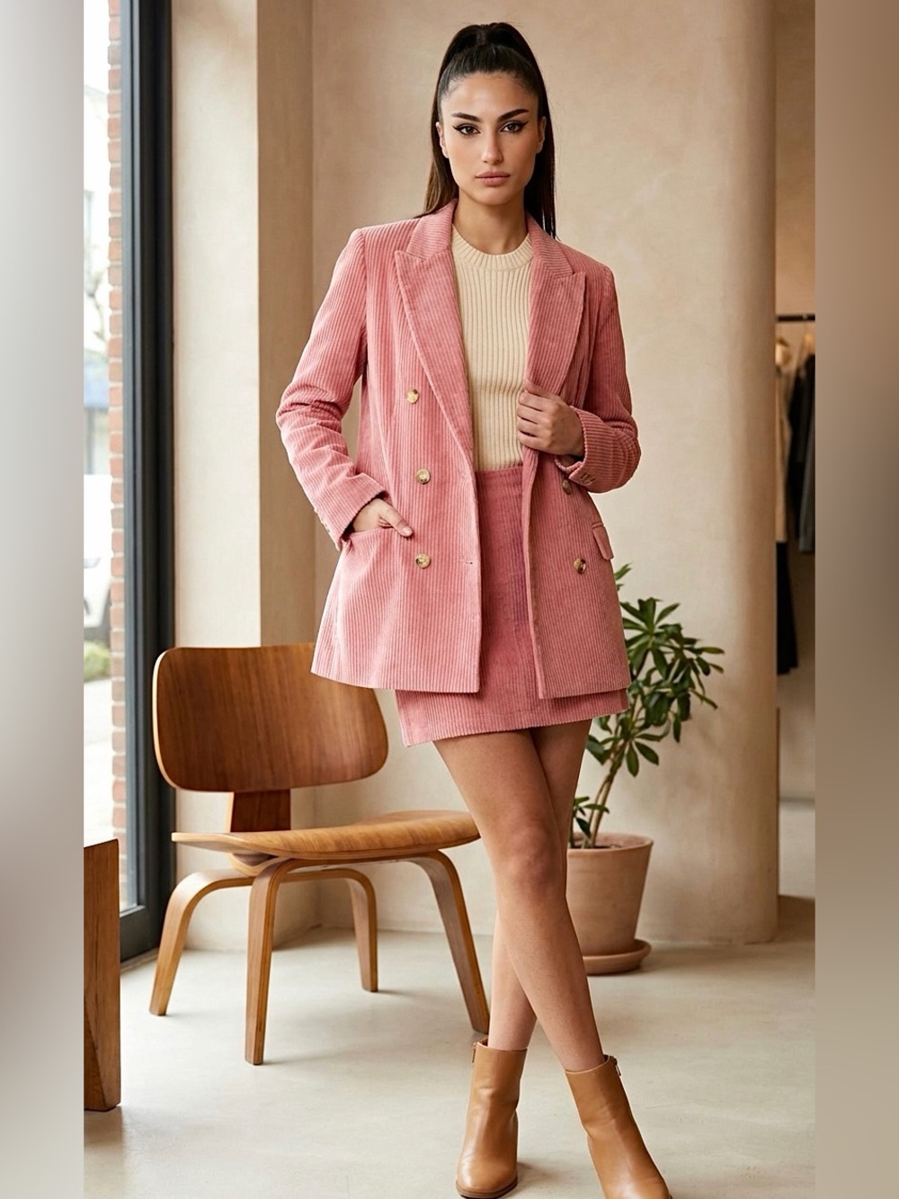 Aritzia Wilfred Double-Breasted Salmon Pink Corduroy Skirt Suit Jacket Size 6